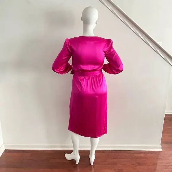 New 97% Silk Faux Wrap Elegant Vibrant Pink Taylor Tillman Long Sleeve Dress M - Picture 3 of 10